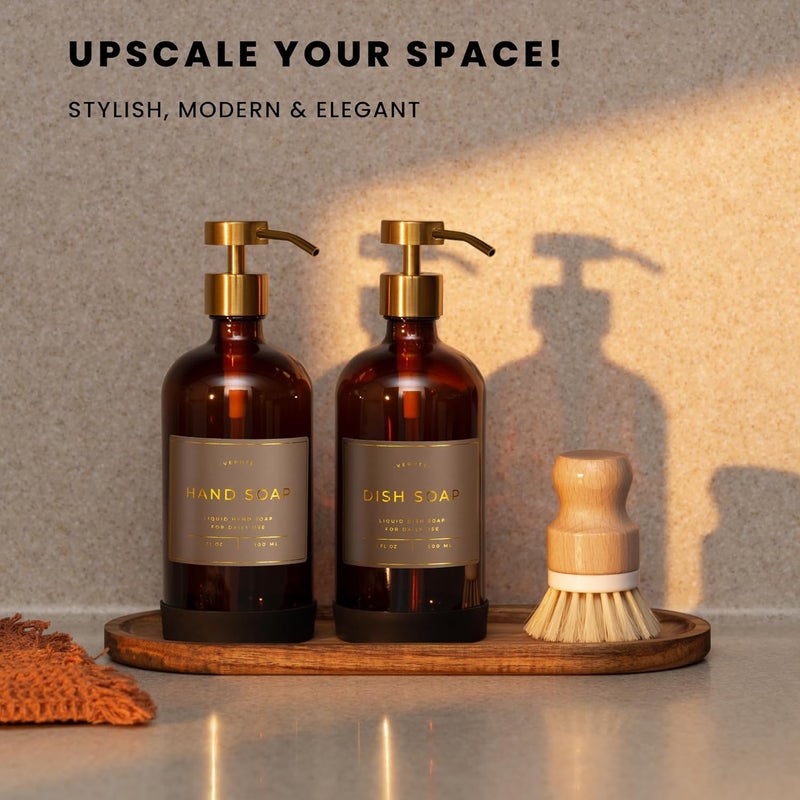 Verute Hand and Dish Soap Dispenser for Kitchen and Bathroom, Set of 2 16 Oz Glass Bottles, Stainless Steel Pumps, Non-Slip Silicone Base, 27 Waterproof Labels (Amber Bottle/Brushed Gold Pump) - Image 3